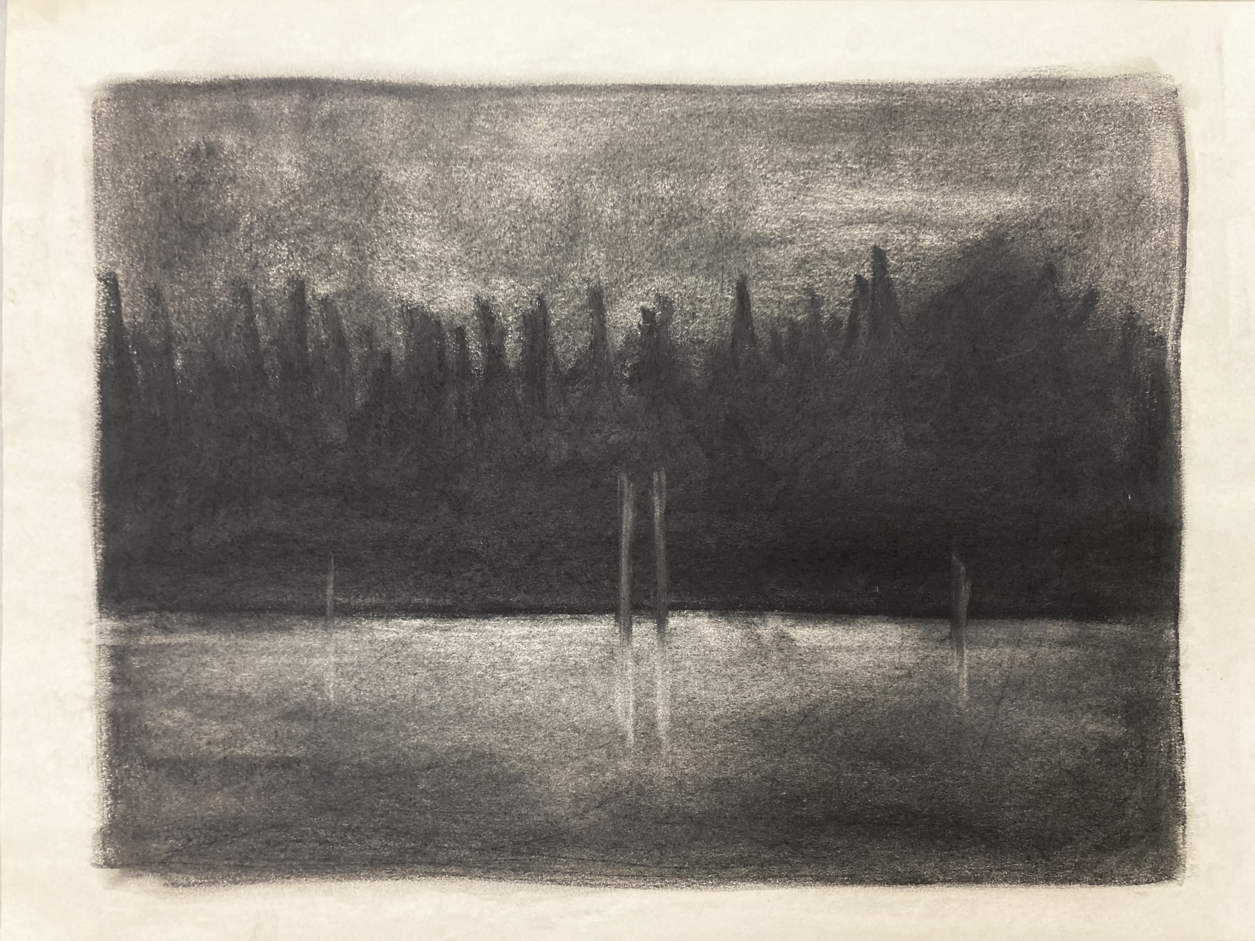Masts (2024). Compressed charcoal on newsprint.